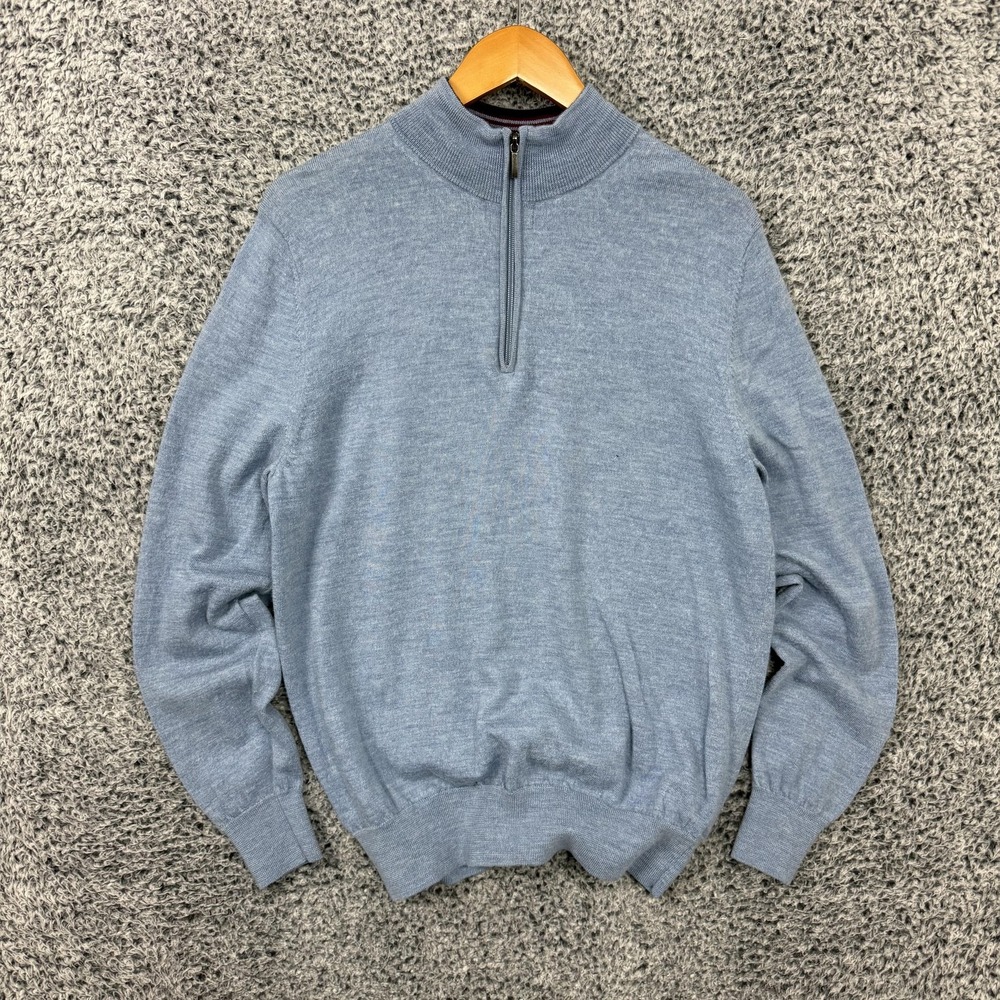 Brooks Brothers Sweater Mens Large Blue Extra Fine Merino Wool 1/4 Zip Mock Neck